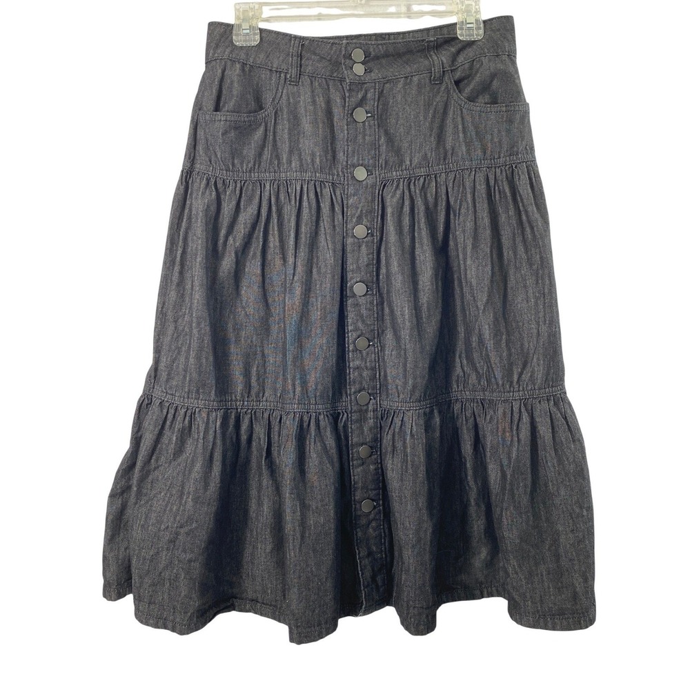 Womens Midi Skirt Size 4 Black Denim Tiered Button Front Western Prairie Cowgirl